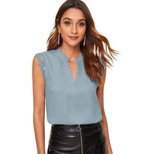 imageMilumia Womens Elegant Notch V Neck Sleeveless Blouse Guipure Lace Work Office TopDusty Blue