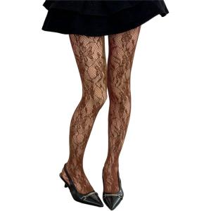 imageMilumia Womens Floral Lace Tights Patterned Fishnet Pantyhose Sexy Vintage StockingsCoffee Brown
