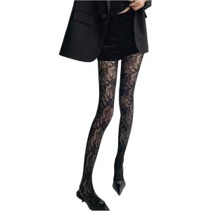 imageMilumia Womens Floral Lace Tights Patterned Fishnet Pantyhose Sexy Vintage StockingsDeep Black