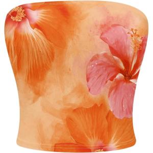 imageMilumia Womens Floral Print Strapless Bandeau Tops Fitted Backless Crop TopOrange