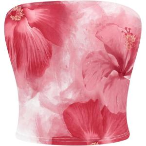 imageMilumia Womens Floral Print Strapless Bandeau Tops Fitted Backless Crop TopWatermelon Pink