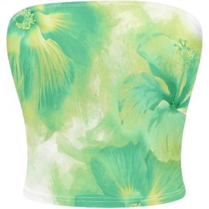 imageMilumia Womens Floral Print Strapless Bandeau Tops Fitted Backless Crop TopWhite Green