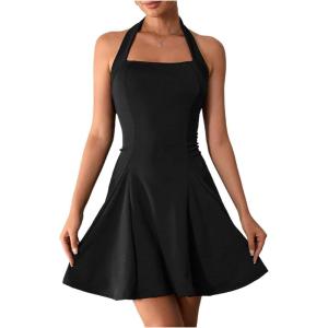 imageMilumia Womens Halter Mini Dress Backless A Line Flare Party Club Short DressesDark Black