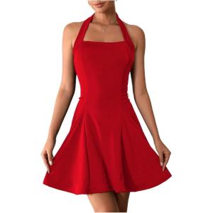 imageMilumia Womens Halter Mini Dress Backless A Line Flare Party Club Short DressesLight Red