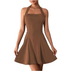 imageMilumia Womens Halter Mini Dress Backless A Line Flare Party Club Short DressesMocha Brown