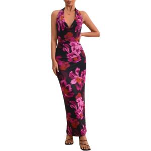 imageMilumia Womens Mesh Floral Open Back Deep V Neck Halter Maxi Long DressPurple
