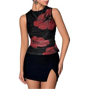 imageMilumia Womens Mock Neck Floral Mesh Top Y2k Sleeveless Ruched Tank Tops Going OutBlack