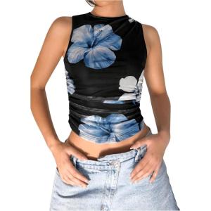 imageMilumia Womens Mock Neck Floral Mesh Top Y2k Sleeveless Ruched Tank Tops Going OutBlack Blue Multi