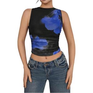 imageMilumia Womens Mock Neck Floral Mesh Top Y2k Sleeveless Ruched Tank Tops Going OutBlack Dark Blue