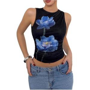 imageMilumia Womens Mock Neck Floral Mesh Top Y2k Sleeveless Ruched Tank Tops Going OutBlack and Blue