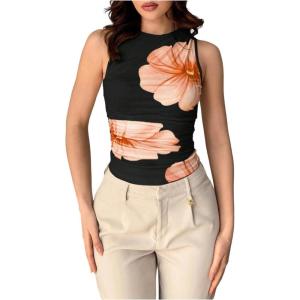 imageMilumia Womens Mock Neck Floral Mesh Top Y2k Sleeveless Ruched Tank Tops Going OutBlack and Orange