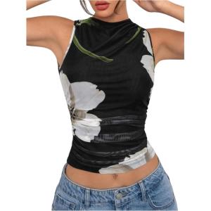 imageMilumia Womens Mock Neck Floral Mesh Top Y2k Sleeveless Ruched Tank Tops Going OutBlack and White