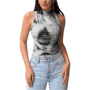 imageMilumia Womens Mock Neck Floral Mesh Top Y2k Sleeveless Ruched Tank Tops Going OutGrey and Black