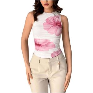 imageMilumia Womens Mock Neck Floral Mesh Top Y2k Sleeveless Ruched Tank Tops Going OutLight Pink Flower