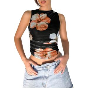 imageMilumia Womens Mock Neck Floral Mesh Top Y2k Sleeveless Ruched Tank Tops Going OutOrange Multi