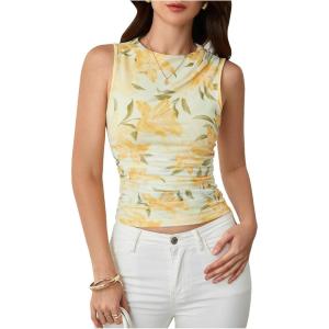 imageMilumia Womens Mock Neck Floral Mesh Top Y2k Sleeveless Ruched Tank Tops Going OutYellow and White