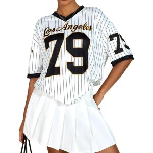 imageMilumia Womens Number Striped Print V Neck Half Sleeve Oversized Jersey TShirtBlack