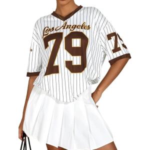 imageMilumia Womens Number Striped Print V Neck Half Sleeve Oversized Jersey TShirtBrown