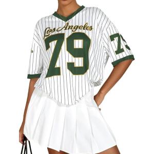 imageMilumia Womens Number Striped Print V Neck Half Sleeve Oversized Jersey TShirtDark Green