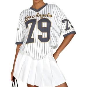 imageMilumia Womens Number Striped Print V Neck Half Sleeve Oversized Jersey TShirtDark Grey