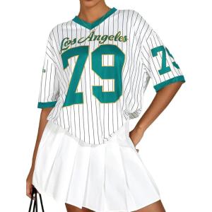 imageMilumia Womens Number Striped Print V Neck Half Sleeve Oversized Jersey TShirtMulticolor
