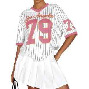 imageMilumia Womens Number Striped Print V Neck Half Sleeve Oversized Jersey TShirtPink