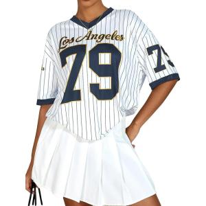 imageMilumia Womens Number Striped Print V Neck Half Sleeve Oversized Jersey TShirtWhite Dark Blue