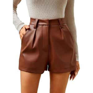 imageMilumia Womens PU Leather High Waisted Pleated Wide Leg Dressy Shorts with PocketBrown