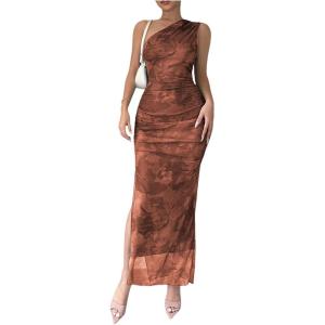 imageMilumia Womens Printed One Shoulder Bodycon Dresses Sleeveless Asymmetrical Neck Ruched Slit Maxi DressBrown