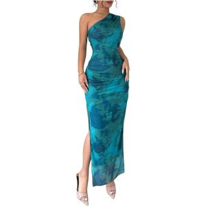 imageMilumia Womens Printed One Shoulder Bodycon Dresses Sleeveless Asymmetrical Neck Ruched Slit Maxi DressGreen