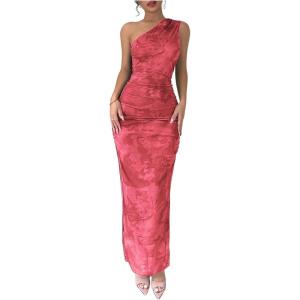 imageMilumia Womens Printed One Shoulder Bodycon Dresses Sleeveless Asymmetrical Neck Ruched Slit Maxi DressPink