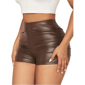 imageMilumia Womens Ruched Faux Leather Mini Shorts High Waist Sexy Going Out Rave ShortsBrown