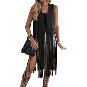 imageMilumia Womens Sleeveless Fringe Vest Faux Suede Western Cardigan JacketBlack
