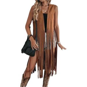 imageMilumia Womens Sleeveless Fringe Vest Faux Suede Western Cardigan JacketSolid Brown