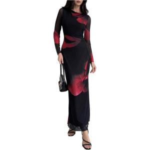 imageMilumia Womens Tie Dye Mesh Bodycon Dresses Floral Long Sleeve Maxi Dresses Cocktail PartyBlack