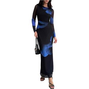 imageMilumia Womens Tie Dye Mesh Bodycon Dresses Floral Long Sleeve Maxi Dresses Cocktail PartyBlue