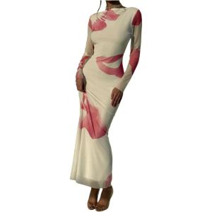 imageMilumia Womens Tie Dye Mesh Bodycon Dresses Floral Long Sleeve Maxi Dresses Cocktail PartyWhite and Pink