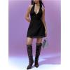 imageMilumia Womens Deep V Neck Halter Mini Dress Sexy Bow Tie Backless Short DressBlack