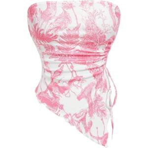 imageMilumia Womens Floral Print Strapless Tube Top Ruched Drawstring Asymmetrical Tank TopsHot Pink