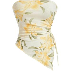 imageMilumia Womens Floral Print Strapless Tube Top Ruched Drawstring Asymmetrical Tank TopsMulti Yellow