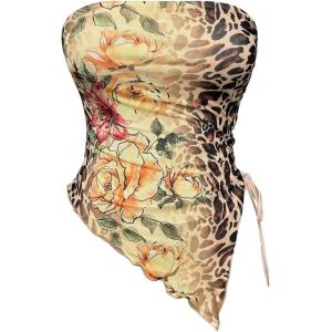 imageMilumia Womens Floral Print Strapless Tube Top Ruched Drawstring Asymmetrical Tank TopsMulticolor
