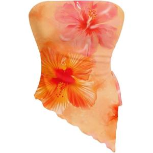 imageMilumia Womens Floral Print Strapless Tube Top Ruched Drawstring Asymmetrical Tank TopsOrange