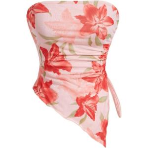 imageMilumia Womens Floral Print Strapless Tube Top Ruched Drawstring Asymmetrical Tank TopsRed
