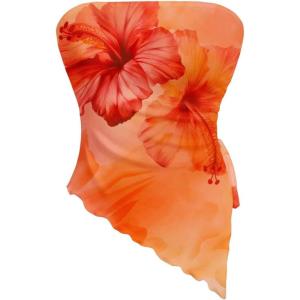 imageMilumia Womens Floral Print Strapless Tube Top Ruched Drawstring Asymmetrical Tank TopsRed and Orange