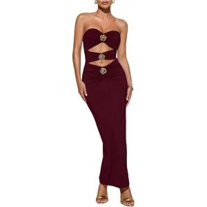 imageMilumia Womens Metal Cut Out Strapless Tube Top Dress Bodycon Maxi Dresses Party CocktailBurgundy