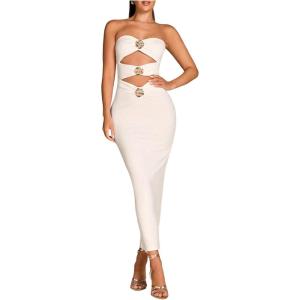 imageMilumia Womens Metal Cut Out Strapless Tube Top Dress Bodycon Maxi Dresses Party CocktailWhite