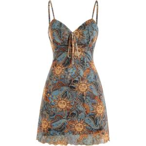 imageMilumia Womens Paisley Print Cami Short Dress Boho Mesh Mini Sun DressesBrown and Yellow