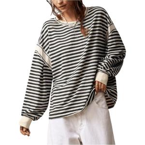imageMilumia Womens Striped Long Sleeve Top Color Block Drop Shoulder Oversized TShirtBlack and White