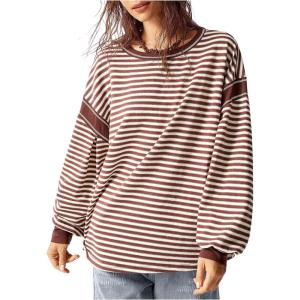 imageMilumia Womens Striped Long Sleeve Top Color Block Drop Shoulder Oversized TShirtMulticolor