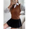 imageMilumia Womens Cable Knit V Neck Sweater Vest Sleeveless Ribbed Crop Tank TopCoffee Brown